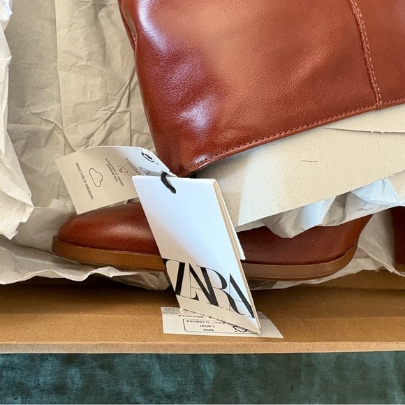 Zara Leather Boots Heels Bloggers Favorite Size US 7.5 In Brown Cognac Color NWT - Picture 14 of 16